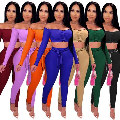 China Wholesale clothing QUICK DRY 2021 autumn fashion sexy waist sleeve solid color women long 2 piece set clothing for sale