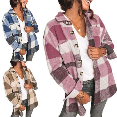 China Anti-Wrinkle Plus Size Plaid Jacket Outwear Loose Coat Flannel Sheath Long Fleece Casual Jacket With Pocket For Women New Fashion Clothes for sale