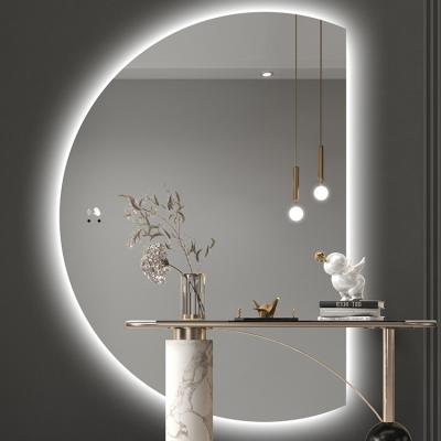 China Personalized Hotel Bathroom Vanity Half Moon Led Lighted Wall Decorative Mirror Smart Makeup Touch Screen Backlit Bath Mirror for sale