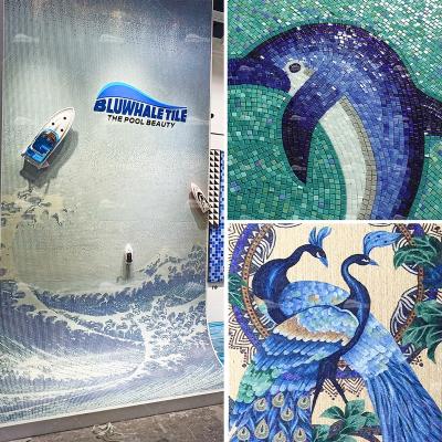 China 100% Peacock Decorative Handmade Decorative Mosaic Tile 3D Dolphin Pool Wall Mosaic Wall Art Glass Arts for sale