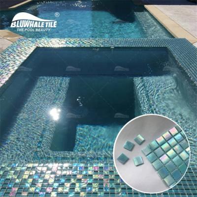 China Modern Iridescent Warm White Blue Color Square Cast Iron Mosaic Tile Bluwhale Bathroom Shower Spa Tile Iridescent Glass Mosaic for sale