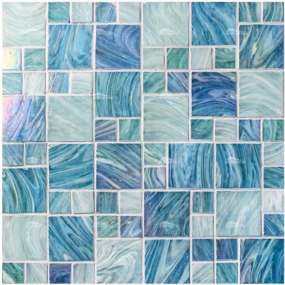 China Modern Low Water Absorption 45mm Mix 23mm Chip Size Glass Mosaic Swimming Pool Tile With High Temperature Dyeing Treatment for sale