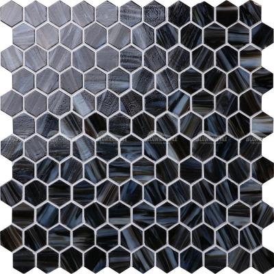 China Wholesale Modern Factory Price Bathroom Shower Hotel Decor 1 Inch Iridescent Black Hexagon Hot Melt Glass Mosaic Tile for sale