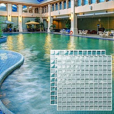 China Bluwhale 23x23mm Modern Light Blue Bathroom Shower Crystal Mosaics Wholesale Aqua Glass Iridescent Pool Tile for sale