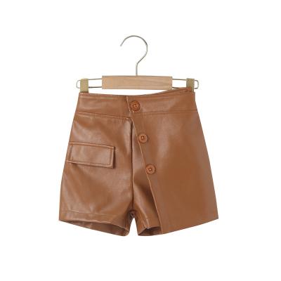 China Preppy style girls autumn and winter fashion Korean faux two-piece casual shorts, children's fashion PU western leather line one line PA leather for sale