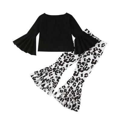 China Western 100% cotton girls' fashion leopard-copy flared pants suit long-sleeved casual spring and autumn fashionable Korean children's child for sale