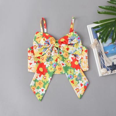 China 100% Cotton Girls' Summer Clothes, Children's Clothing, Bowknot Flower Pattern Suspenders T-shirts Children's Summer Sweet and Cute Fashion for sale