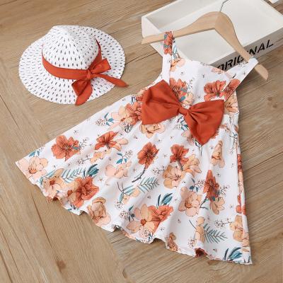 China Sweet Girls Summer Children's Clothing Backless Flower Patterns Big Bow Skirts Summer Kids Dresses Including Hats for sale