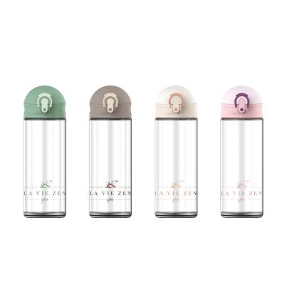 China Sustainable Cute Glass Bottle With Cover 450ml Logo Custom Glass Water Bottle for sale