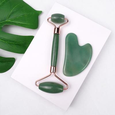 China Face Green Jade Roller Gua Sha Set Green Aventurine Roller Gua Sha Stone Facial Kit for sale