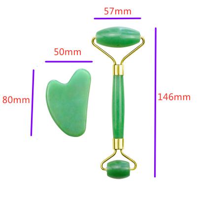 China 100% Jade Roller Gua Sha Stone Tool Set Jade Facial Roller Natural Aventurine Green Face Guasha for sale