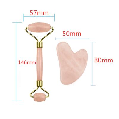 China Best Selling Face Mounted Welded Quartz Jade Facial Roller For Handling Plate Gua Sha Pink Stone Scraping Set for sale