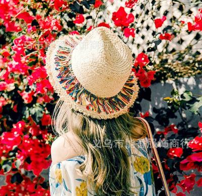 China Image Summer Wide Brim Sun Hat Colorful Ribbon Lady Beach Panama Straw Hats Wide Brim for sale