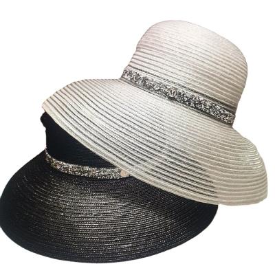 China Beach Travel Panama Picture Vintage Hepburn Bell Hepburn Bell Type Hats Bling Bling Diamond Sunshade Straw Bucket Hat for sale