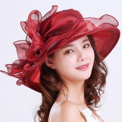 China Image Summer Sun Hat Women Luxury Hat Church Party Foldable hats Wide Brim Organza Caps for sale