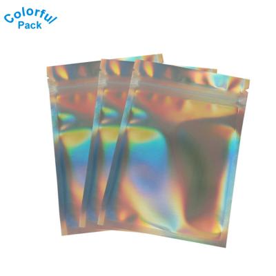 China Recyclable Colorful Hologram Three Sides Sealing Bags Flat Packing Zip Lock Bag for sale