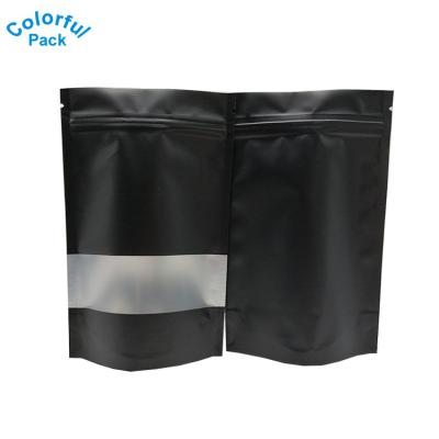 China Custom Packing Resealable Matte Holder Shock Resistance Up Pouch Plastic Zip Lock With Window Black Mylar Bags for sale