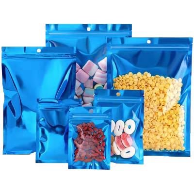 China Recyclable Clear Zip Lock Food Coffee Tea Candy Front Pack Bag With Hang Hole Resealable Pouches Blue Mylar Bags for sale