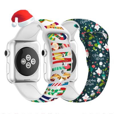 China Water Resistant Christmas Printed Silicone Strap For Apple Watch Band 44mm 40mm 38mm 42mm For iWatch Serie 6 5 4 3 2 1 Watch Strap Rubber for sale