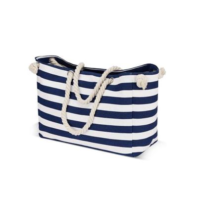 China Blue Striped Beach Tote Bag Summer Vacation Women Waterproof Pool Bag With Zippers for sale