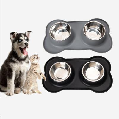 China Wholesale Custom Viable Silicone Stainless Steel Pet Feeder Water Food Double Bowl Cat Dog Bowls With Mat for sale