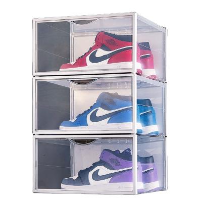 China Plastic Front Sneakers Shoe Box Clear Stackable Shoe Organizer Viable Transparent Plastic Drop Storage Container for sale