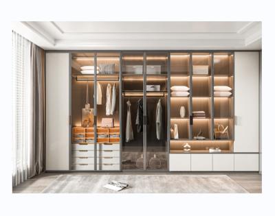 China Adjustable (other) Wood Melamine Glass Door With Led Lights Bedroom Luxury L Shape Walk In Closet System wardrobe for sale