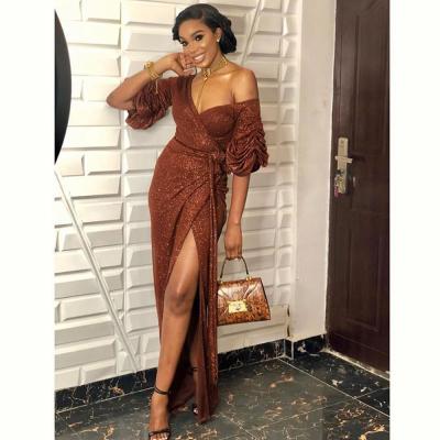 China Anti-Static Popular Women Lace Up Side Slit Dress With Slit V-Neckline African Women Dress Party Dresses for sale