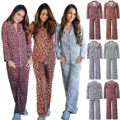 China New QUICK DRY Fashion Tiger Dot Prints V Neckline Women Sleepwear Long Sleeve Loungewear Two Piece Pajamas for sale