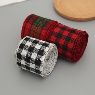 China Polyester 6CM Red Grid Printed Christmas Meters Handmade Burlap Ribbon For Gift Wrapping Grid Black Red Ribbon For DIY for sale