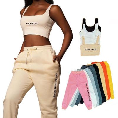 China Custom Logo Knit Two Piece Set Women Clothing Jogger Anti-pilling Pants With Pockets And Crop Top Vest Set Spring Clothings For Women for sale