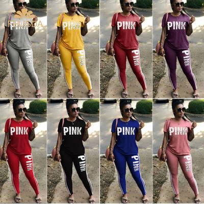 China Anti-pilling Pink Letter Print Sweatsuit Women Set Plus Size Set Short Sleeve Tops Casual 2 Piece Set Autumn Skinny Two Piece Sweatpants Panty Set for sale