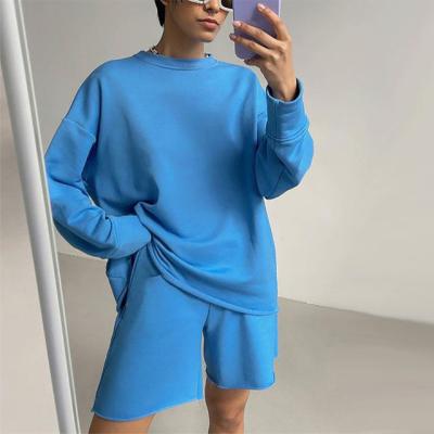 China Anti-pilling 2022 Custom Sweatsuit Off Shoulder Crewneck Sweatshirt Women Short Two Piece Set for sale