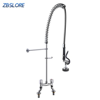 China Modern Double Holes Hot Deck Mount Commercial Cold Water Mixer Tap Kitchen Faucet With Pre-Rinse Arm for sale