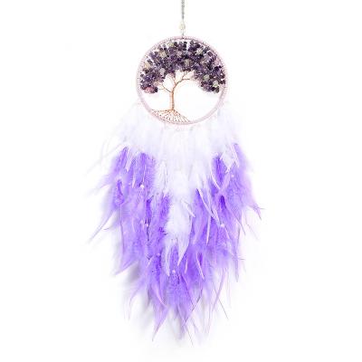 China Wholesale Bohemian Gem Stone Chips Tree of Life Wall Hanging Open Healing Crystals Dream Catcher for Bedroom Decor for sale