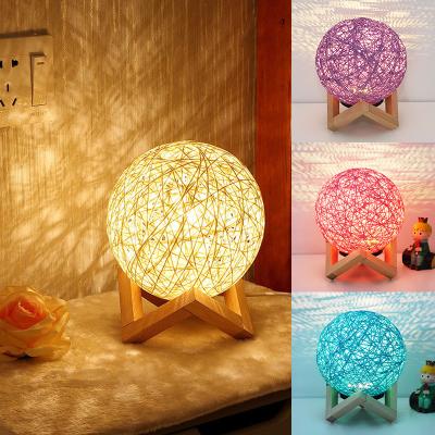 China Modern Romantic LED Globe Moon Ball Rattan Night Light Bedroom Night Light With Base Dimmable Solid Wood Table Lamp for sale