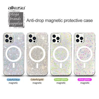 China Aikusu Shockproof Fashion Pretty Custom Personalized Glitter Bling Magnetic Phone Case For Iphone 13 Xs X Max Pro for sale