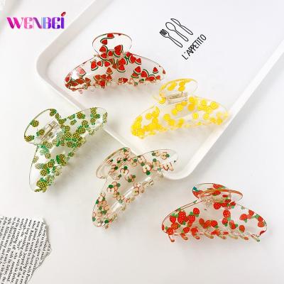 China Handmade and Polish Fashionable 11CM Fresh Girl Shape Geometric Claw Cut Fruit Korean Transparent Series Acrylic Hair Claws for Women for sale