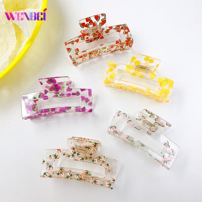 China Handmade and Polish Hot Selling Claw Cuts Hair Accessories 10.5CM Large Transparent Fruit Rectangle Acrylic Women Hair Claws Cut for sale