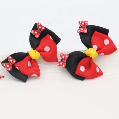 China Wholesale Environmentally Friendly 3.2 Inch Mickey Color Dot Printed Grosgrain Handmade Ribbon Bow Knot Hair Clips Hair Clips For Girls for sale