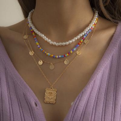 China 2021 New Arrival Fashion Pear Environmental Friendly Seed Beads Multi Layer Choker Necklace 18K Gold Plated Boho Necklace for sale