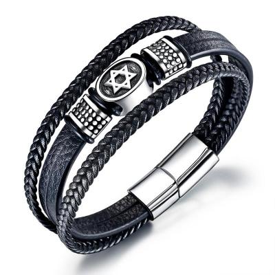 China New Fashion Vintage Stainless Steel Metal Punk Handmade Charm Black Leather Cuff Bracelets For Men for sale