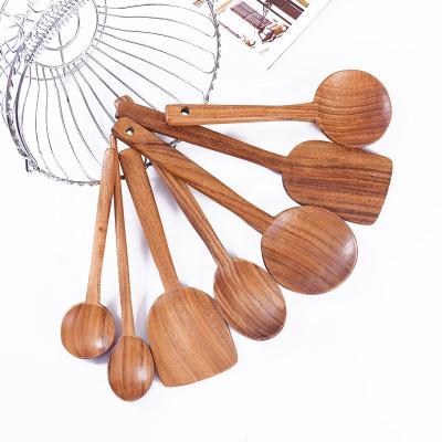 China Sustainable Wooden Spoon Cooking Teak Tableware Household Long Handled Wooden Spatula Non-Stick Cookware Kitchen Utensils for sale