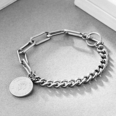 China Vintage Gold Silver Color Portrait Minimalist Coin Chain Toggle Clasp Link Think Women Titanium Steel Bracelets for sale