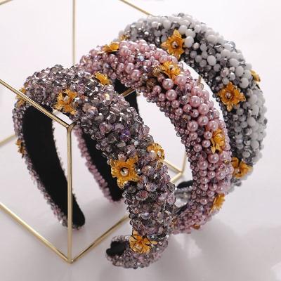 China HOTHICK fashion gold sponge baroque thick velvet fabric handmade beaded headband women inlaid pearl flower hair circlet for sale