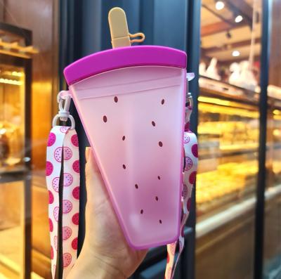 China Viable Ice Cream Water Bottle With Straw Trendy Portable Plastic Water Jug Water Cup Watermelon Ice Cream Bottle for sale