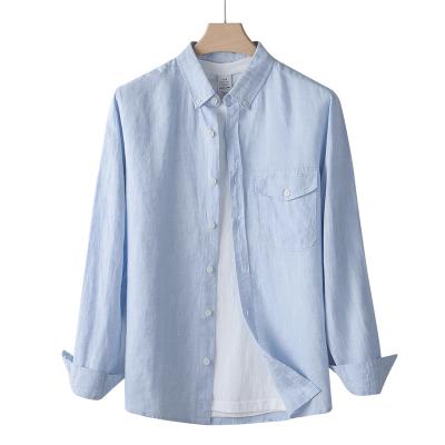 China Wholesale Breathable Washed Canvas Shirt Men 100% Canvas Shirts Long Sleeve Casual Camisas Men's Pure Canvas Shirt for sale