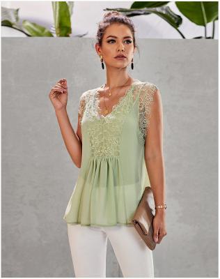 China Anti-Wrinkle N0012 Amazon Drop Shipping V-Neck Lace Regular Fit Pleated Summer Top Shirts For Women for sale