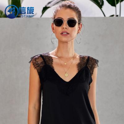 China N0008 New Summer Version Anti-Wrinkle European V-Neck Sleeveless Lace Stitching Suspender Vest T-shirt Top Women for sale