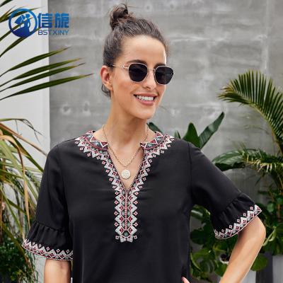 China New Summer Anti-wrinkle N0011 Half-sleeve Ladies V-neck Top Printing Thin Women's Blouses And Shirts for sale